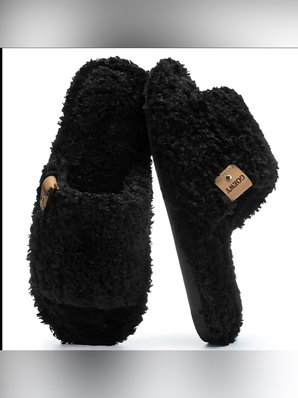 GOEWY Black Plush Memory Foam Slip On Slides Slippers Women’s 7-8 NWOT